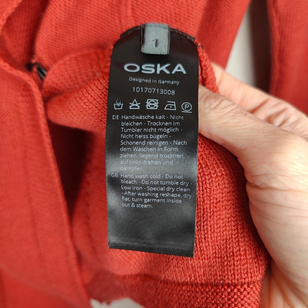 Oska Cardigan‎ Sweater Womens 1 US 6/8 Orange Red Asymmetrical 100% Virgin Wool - Picture 9 of 11